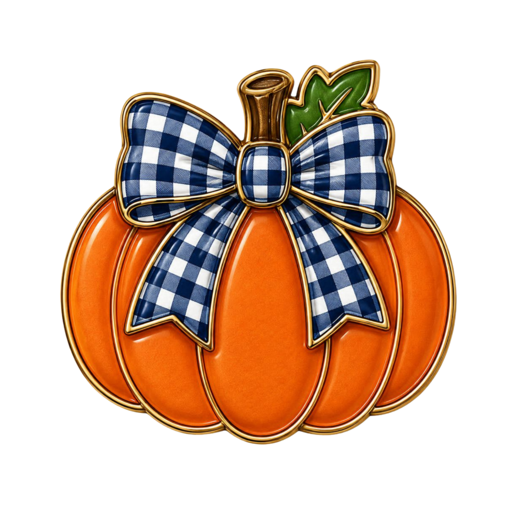 Pumpkin and bow needle minder in orange and navy gingham